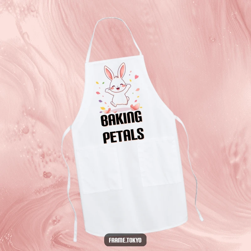 Funny Kawaii rabbit apron featuring a joyful rabbit leaping amidst colorful abstract petals, perfect for cheerful kitchen fun.