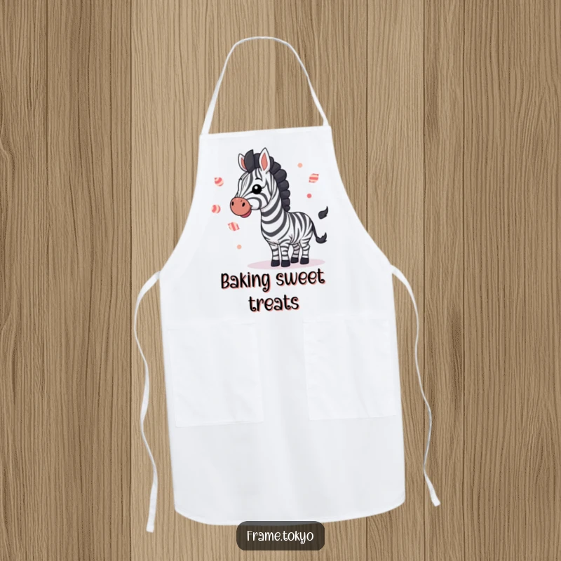 Funny zebra joyfully waving and juggling small striped candies, a hilarious apron for sweet creations.