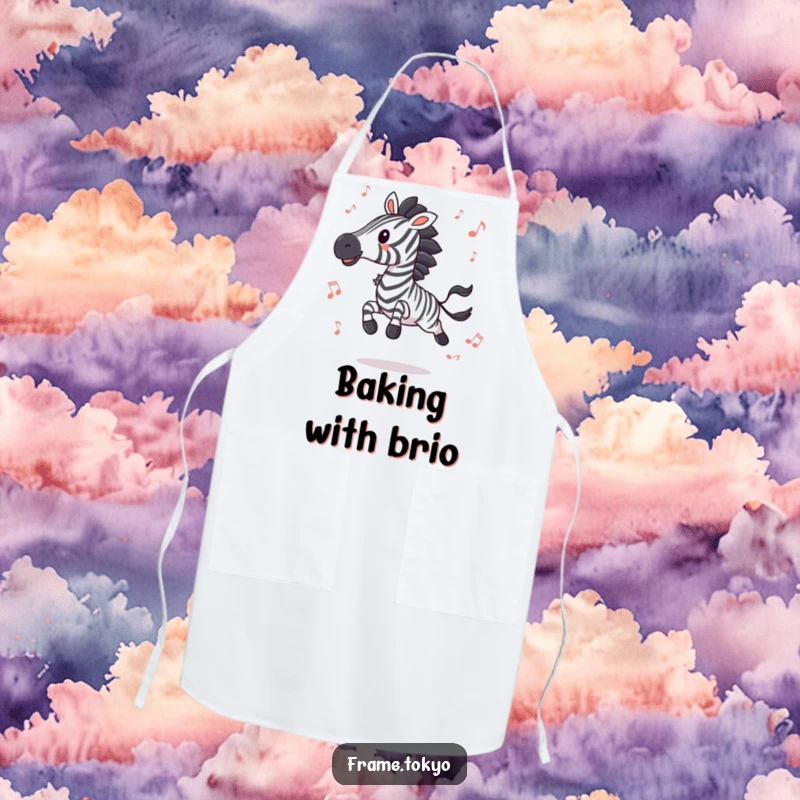 Funny zebra in a dynamic pose with musical notes, a hilarious apron for kitchen fun and music lovers.