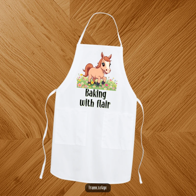 Funny excited horse flower field apron, perfect for the cook who brings energy and joy to the kitchen, inspired by nature’s beauty.