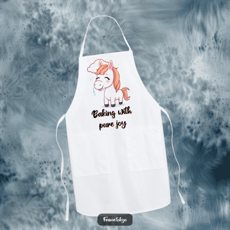 Funny horse apron showing a joyful horse with tears, its mane gently blown by a smiling cloud, perfect for happy cooking.