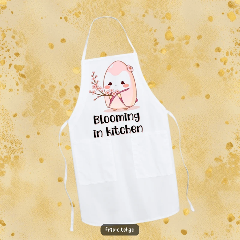 Shy onigiri in a kimono holding cherry blossoms, featured on a functional and charming apron.