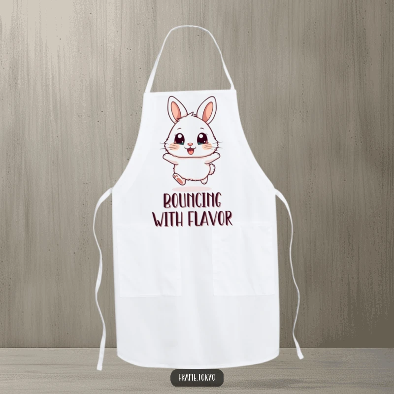 Funny apron featuring a fluffy rabbit with big, excited eyes, joyfully hopping while wearing a chef's hat.