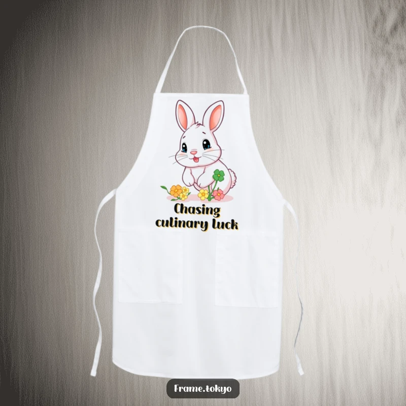 Funny apron illustrating a rabbit with a playfully twitching nose, chasing a large, bouncing, colorful clover during cooking.