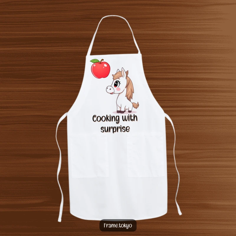 Funny horse apron showing a surprised horse's reaction to a giant, floating apple, perfect for a humorous cooking experience.