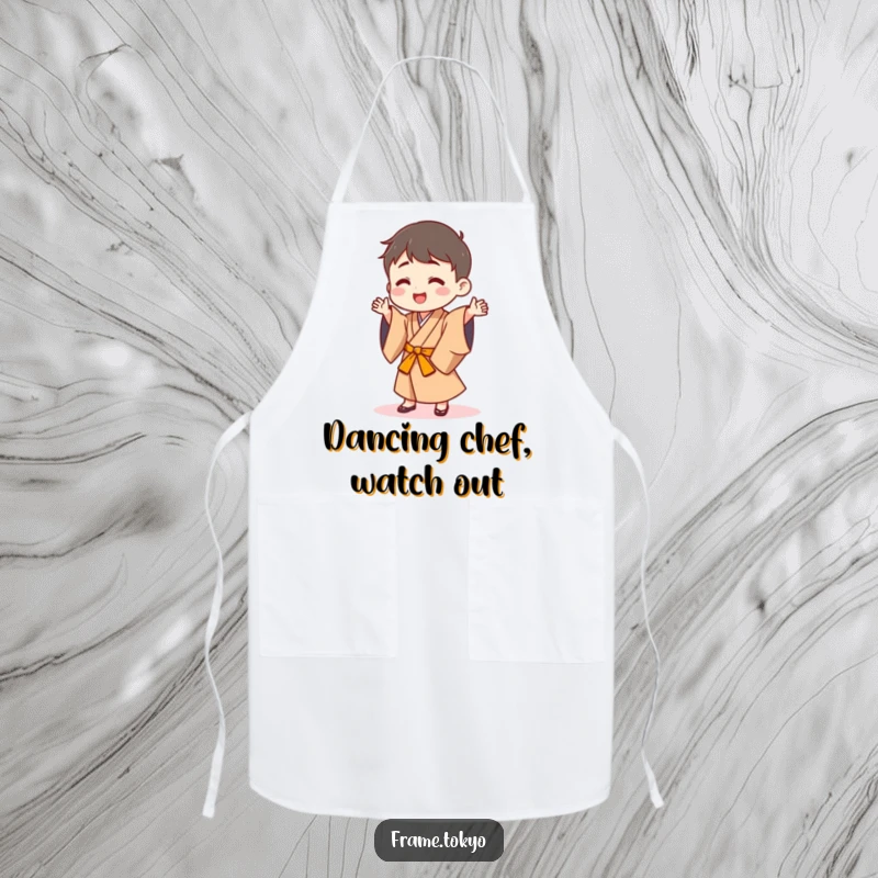 Funny apron with a happy character in a Japanese robe doing a silly dance, great for kitchen fun.