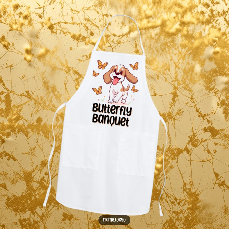 Funny Spaniel Apron featuring a spaniel with its tongue out in delight, chasing animated butterflies, perfect for kitchen fun.