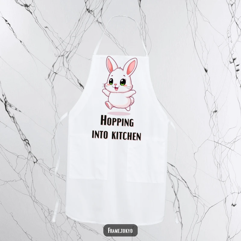 Funny Fluffy Rabbit Apron with big, excited eyes, joyfully hopping, for humorous kitchen wear.