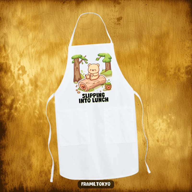 Funny bear apron with a happy bear sliding down a mossy log, perfect for a joyful cook.