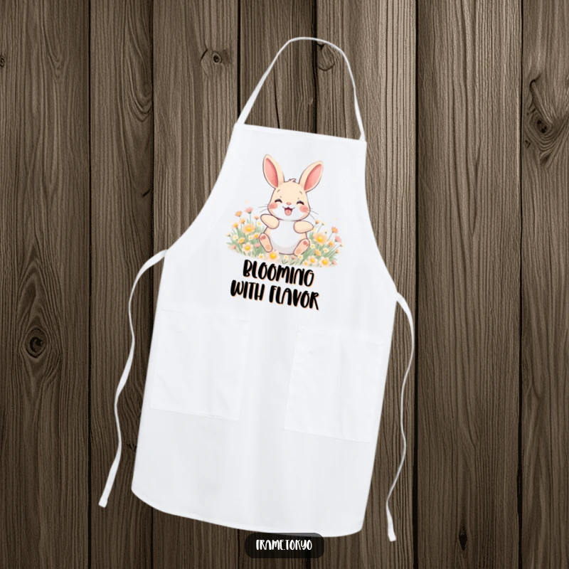 Funny apron showcasing a happy rabbit with a wide grin, rolling in a field of tiny, glowing flowers.