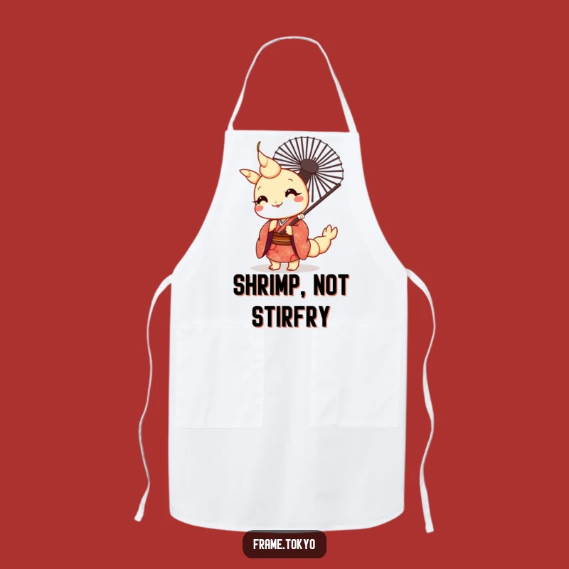 Cook up a storm with this funny and practical apron, decorated with a kawaii tempura shrimp in a kimono, peeking from a fan.