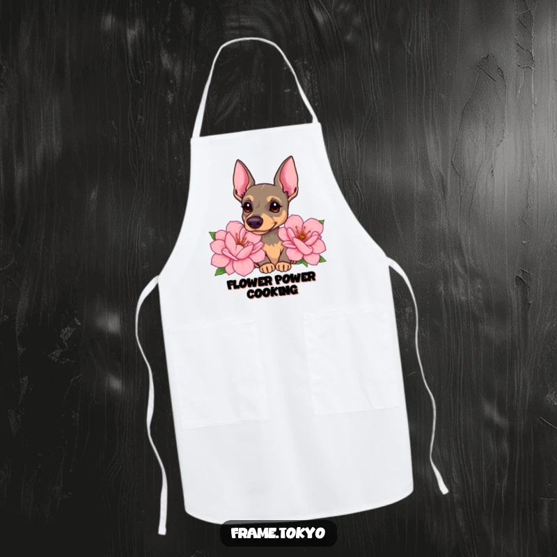 Funny pinscher apron showing a dog with a curious head tilt, sniffing giant, sweet-smelling flowers with gentle focus.