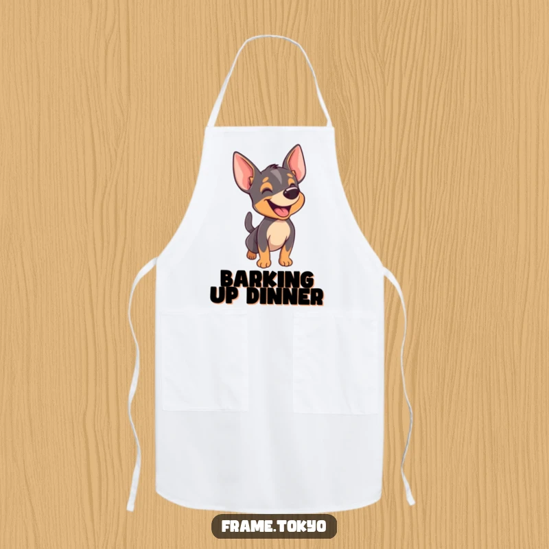 Funny pinscher apron showing a dog happily barking with its tail wagging furiously, perfect for kitchen cheer.