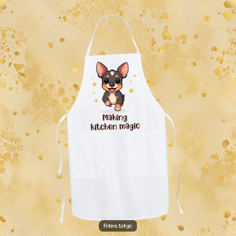 Funny pinscher dog apron, joyfully pouncing and scattering tiny, shiny stars. Adds playful flair to cooking.