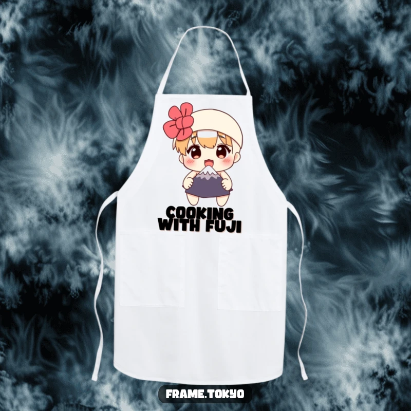 Funny apron featuring a surprised character clutching a small Mount Fuji, ideal for humorous cooking and kitchen activities.