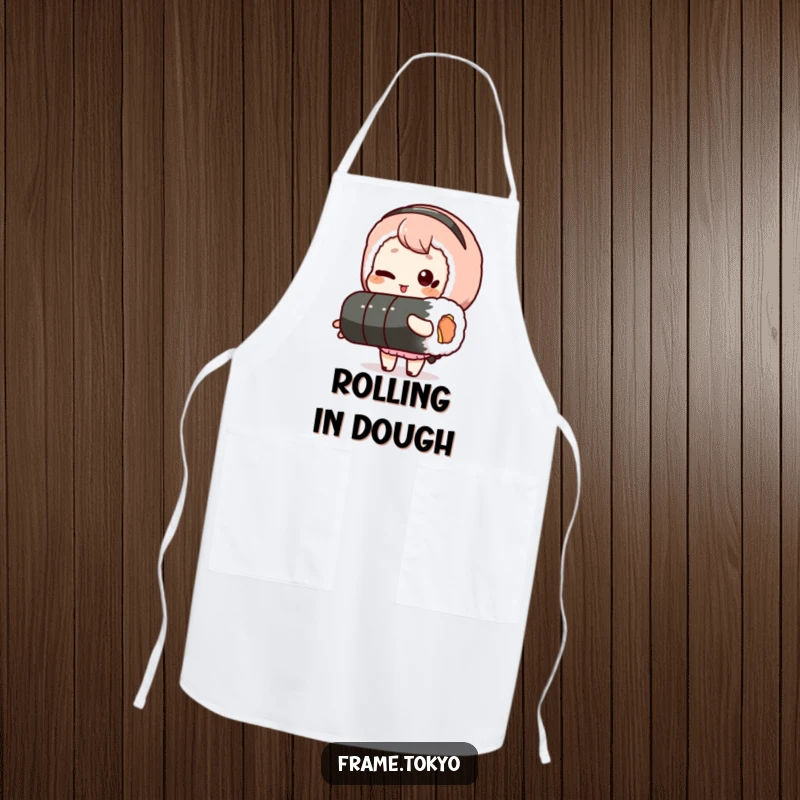 Funny apron with a winking character holding a long sushi roll, perfect for humorous cooking and creating delicious sushi.