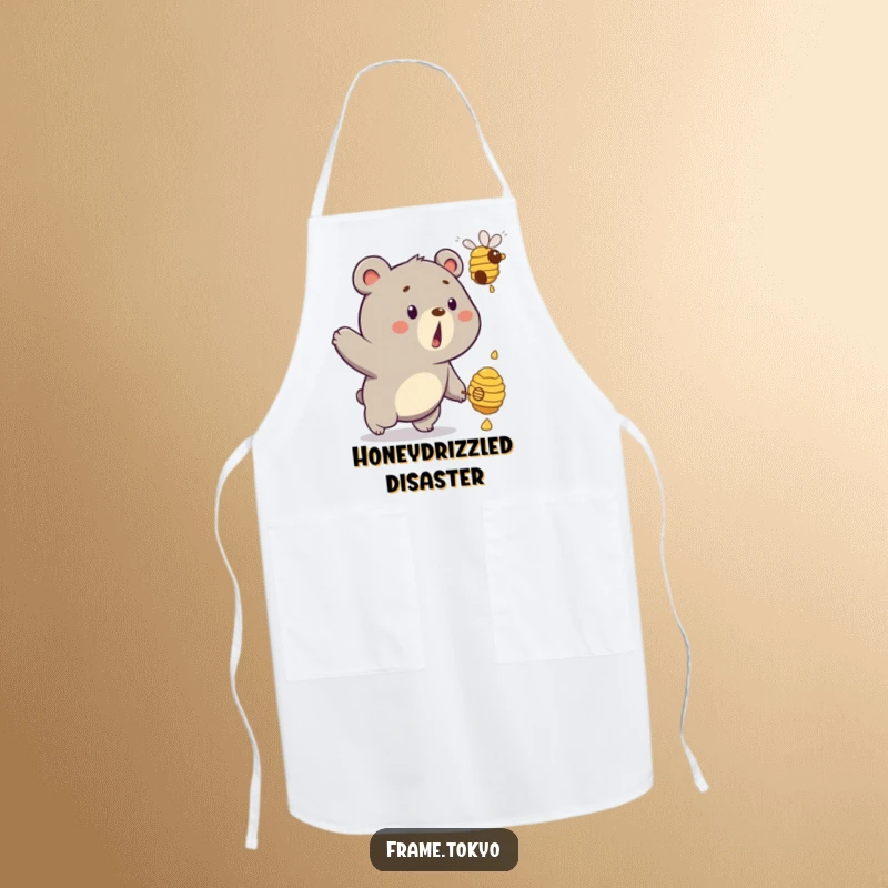 Funny bear apron with a surprised bear comically chasing a dripping beehive, perfect for a humorous cook.
