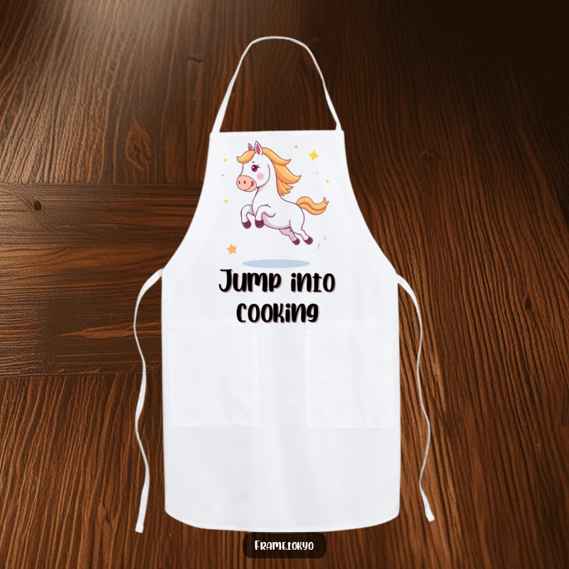 Funny horse apron showing a horse in a big, happy jump with abstract stars scattering, perfect for a fun cooking experience.