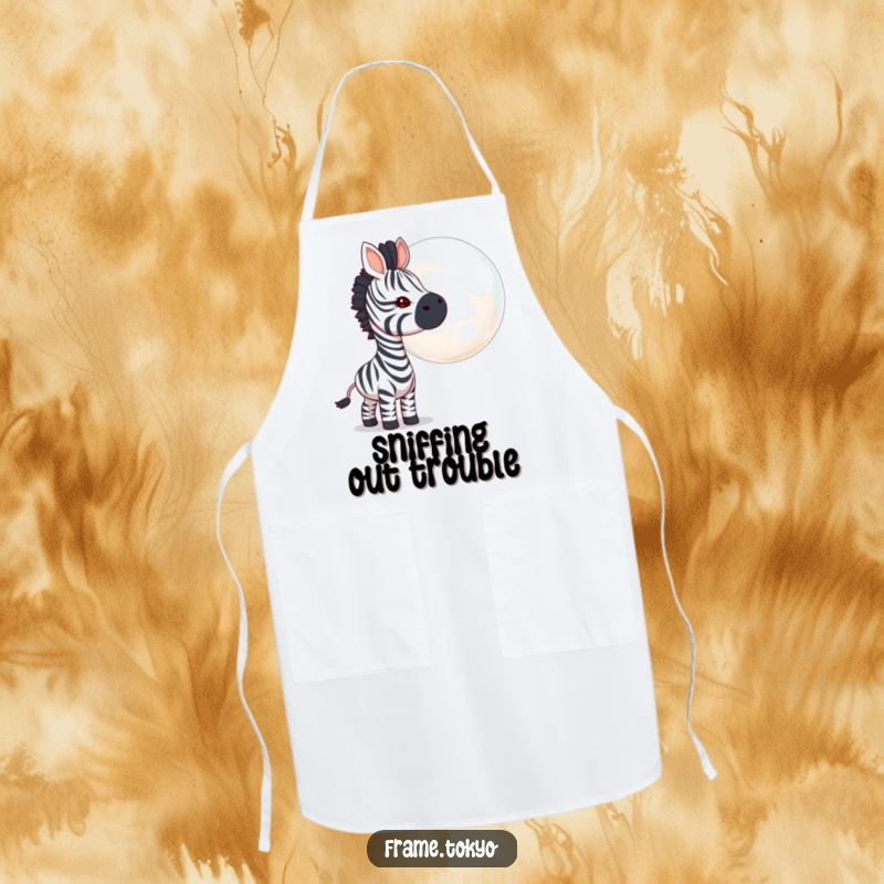 Funny zebra apron, curious head tilt, sniffing a large iridescent bubble, perfect for a lighthearted and amusing kitchen experience.