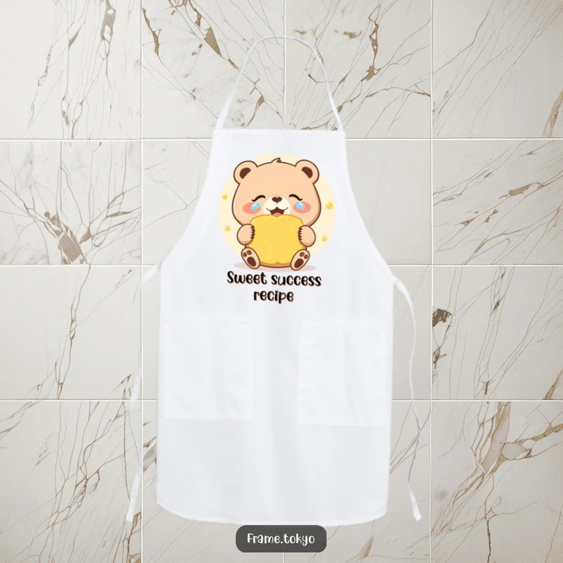 Funny apron showing a bear with joyous tears celebrating a giant, sweet honeycomb, ideal for a humorous and sweet baking experience.