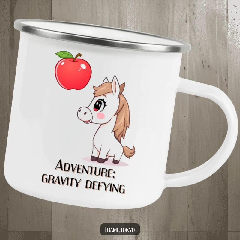 Funny horse camping mug depicting a surprised horse staring at a giant, floating apple, ready for any adventure.