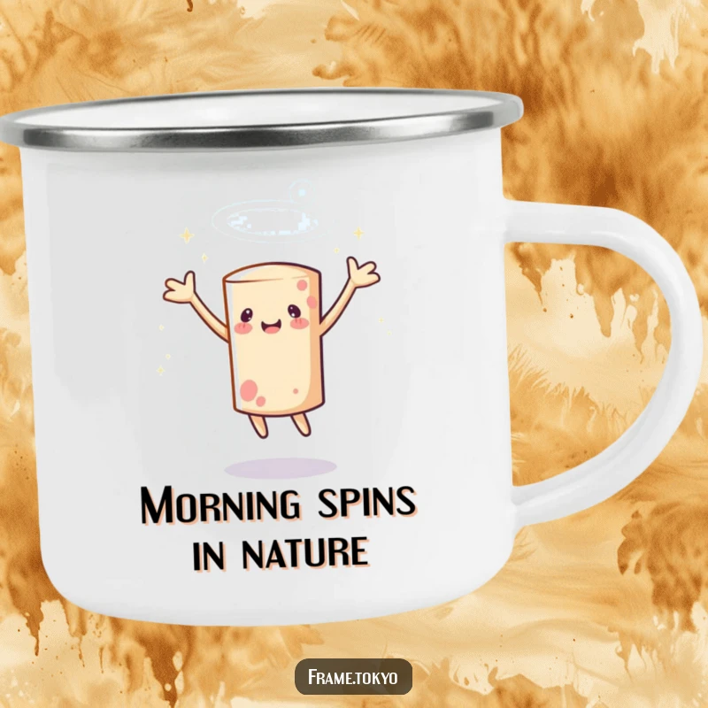 Funny cylindrical character camping mug spinning with arms outstretched, surrounded by a halo of sparkles, ready for outdoor magic.