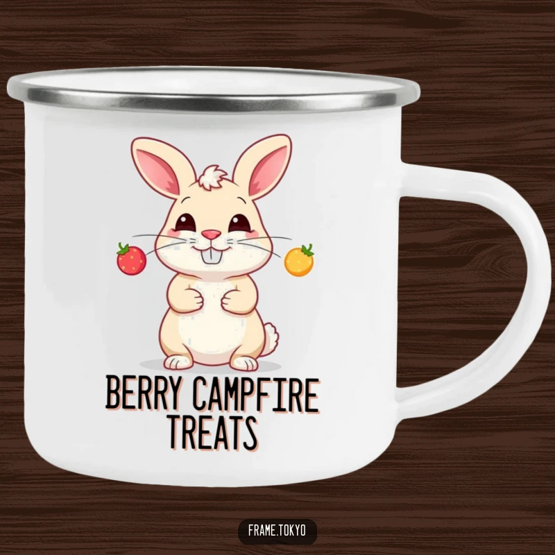 Funny camping mug showing a rabbit with a silly grin, expertly juggling three small, glowing berries.