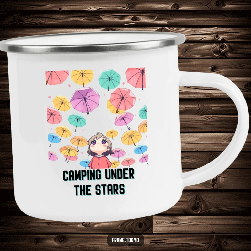 Funny Character Camping Mug: Character looking up at a sky of colorful umbrellas, a whimsical and durable outdoor mug.