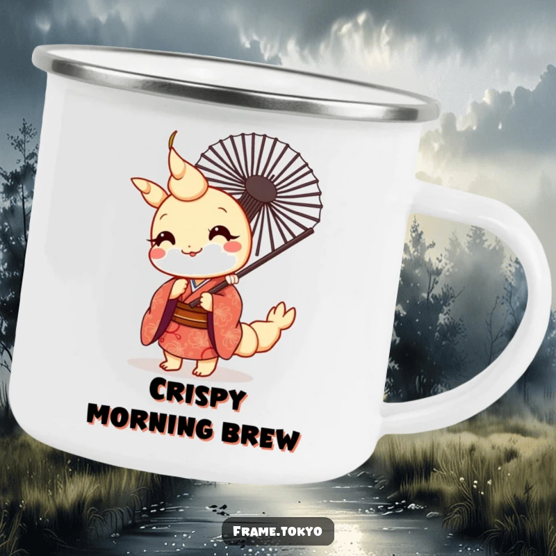 Funny kawaii tempura shrimp wearing a patterned kimono, peeking from behind a fan, on a sturdy camping mug.