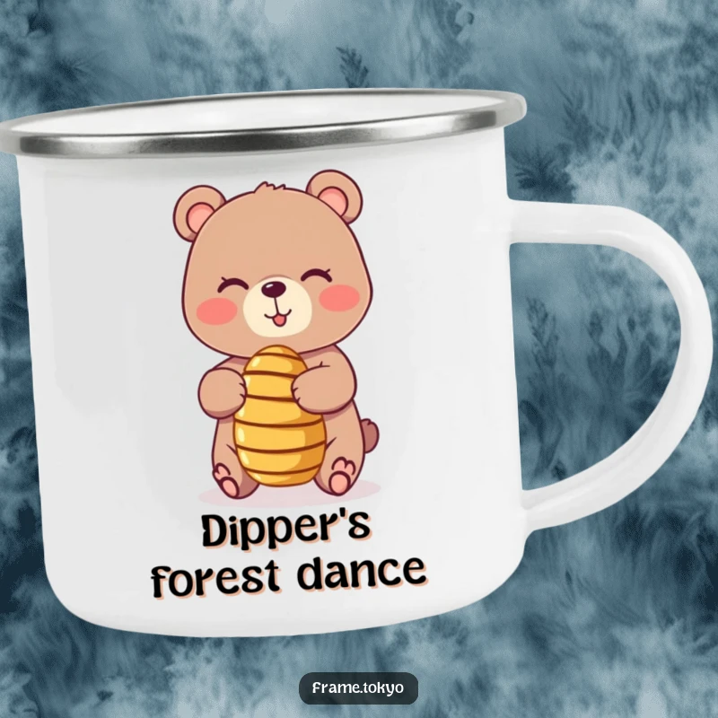Funny camping mug featuring a playful, winking bear balancing a tiny, spinning honey dipper, perfect for enjoying drinks outdoors with humor.