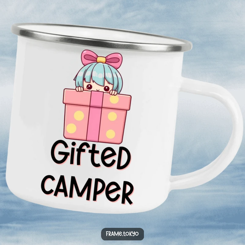 Funny Camping Mug featuring a character peeking from behind a gift box, perfect for outdoor drinks and humor.