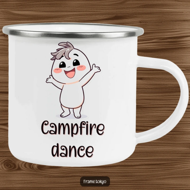 Funny camping mug featuring a character with a big smile, striking a comically silly dance pose.