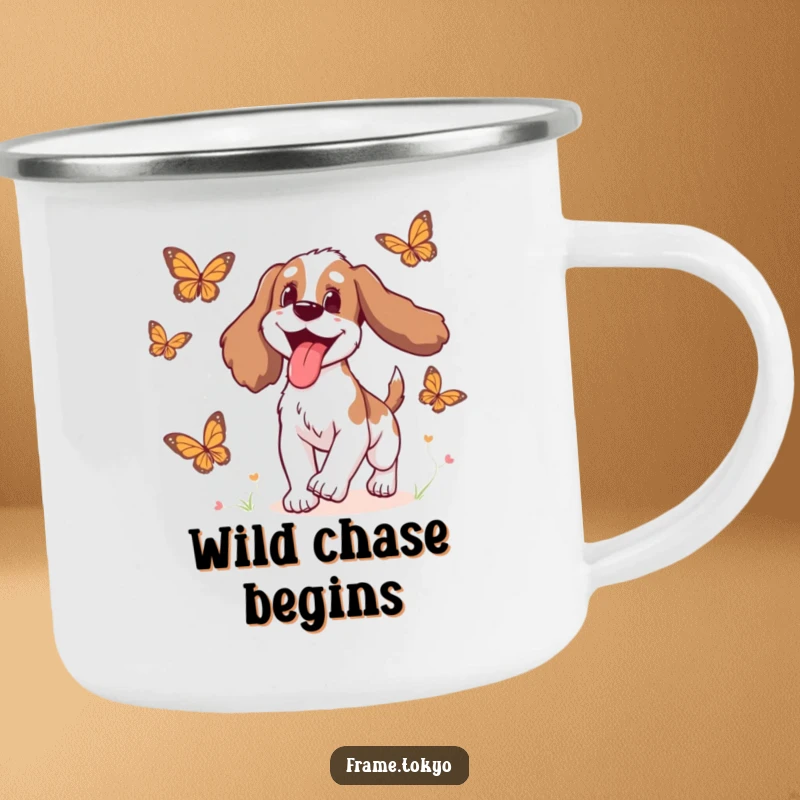 Funny Spaniel Camping Mug depicting a spaniel with its tongue out in delight while chasing colorful animated butterflies.