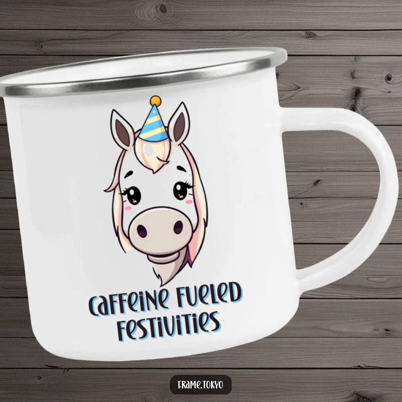 Funny dopey horse party hat camping mug, built for adventure and designed to bring smiles, featuring a hilariously happy equine.