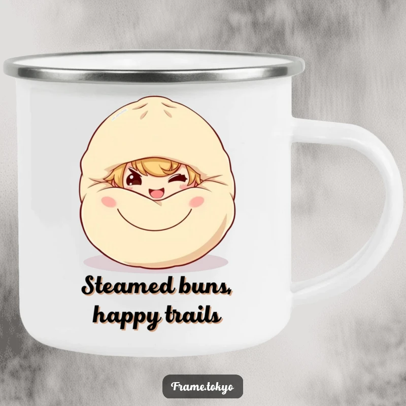 Funny dumpling sneak camping mug showing a character with a mischievous grin peeking from behind a large, smiling dumpling.