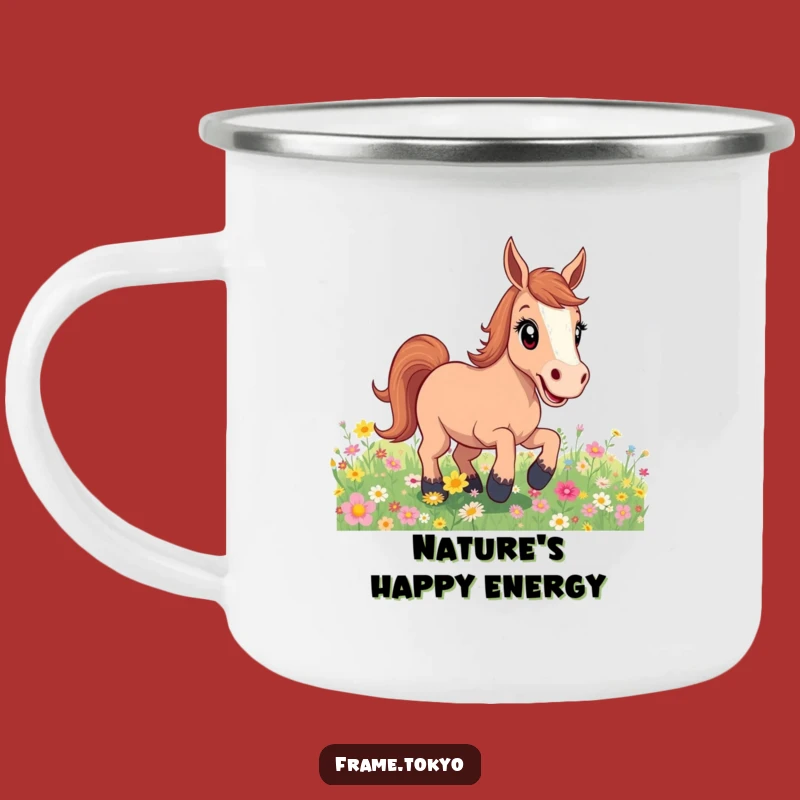 Funny Excited Horse Flower Field Camping Mug: Your Trail Companion!