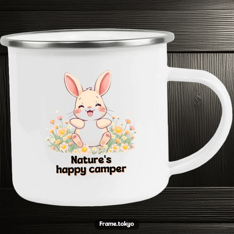 Funny camping mug featuring a happy rabbit with a wide grin, joyfully rolling in a field of tiny, glowing flowers.