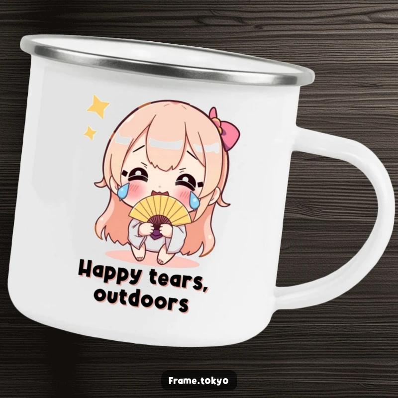 Funny camping mug with a character crying happy tears and holding a shimmering fan, perfect for humorous outdoor celebrations.