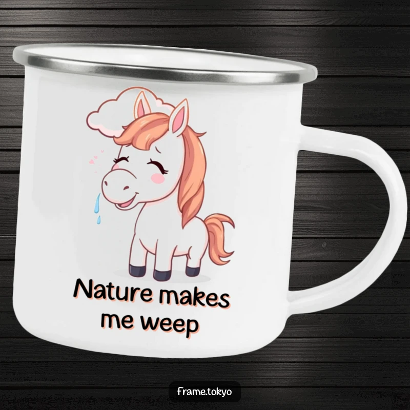 Funny horse camping mug depicting a joyful horse with tears, its mane blown by a smiling cloud, ready for serene adventures.