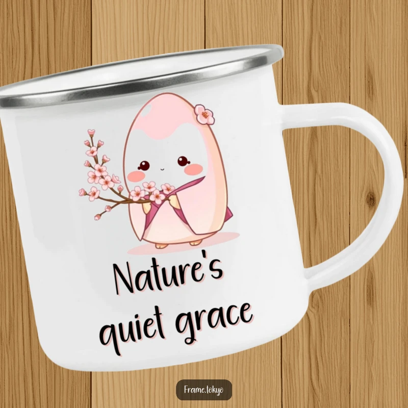 Shy onigiri wearing a kimono holding cherry blossoms, perfect for outdoor enjoyment on this camping mug.