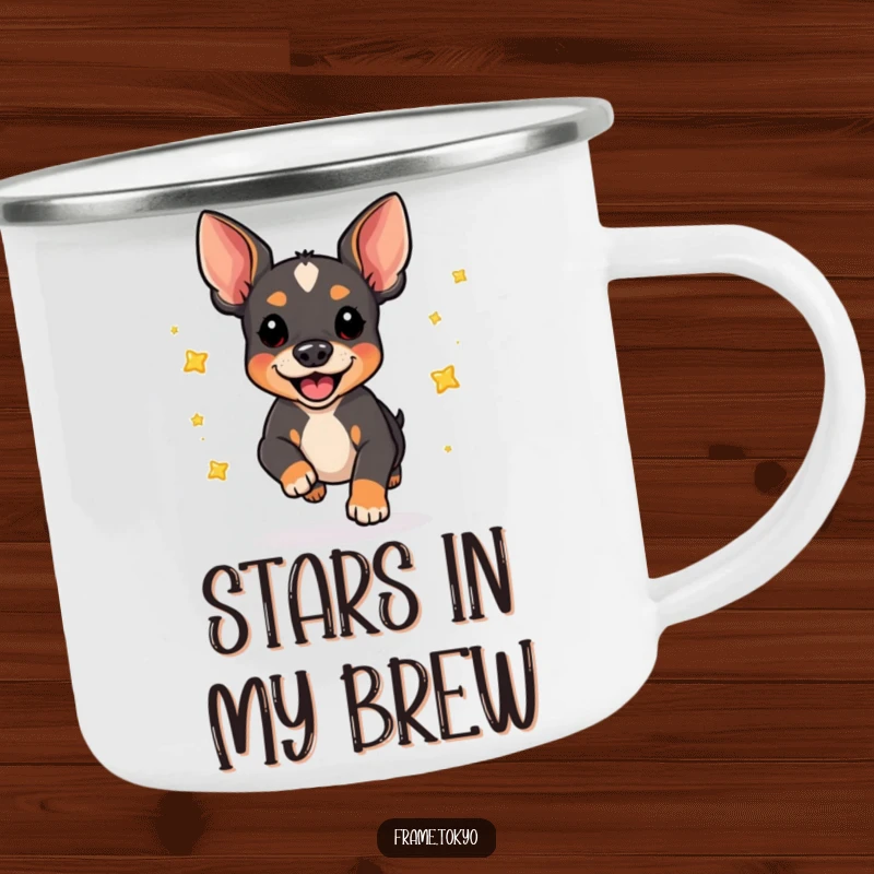 Funny pinscher dog camping mug, joyfully pouncing and scattering shiny stars. Perfect for outdoor enthusiasts.