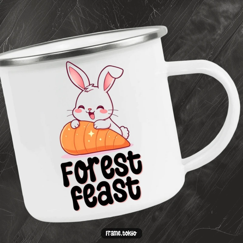 Funny Smiling Rabbit Camping Mug with long ears, nibbling a giant sparkling carrot, for outdoor whimsical humor.