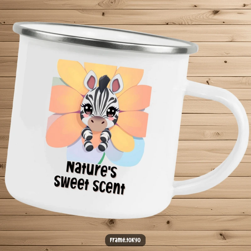 Funny zebra camping mug; a curious zebra with sparkling eyes peeks around a flower, ready for outdoor fun.