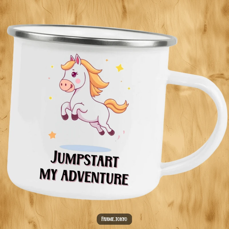 Funny horse camping mug depicting a horse in a big, happy jump with abstract stars scattering, ready for exciting adventures.
