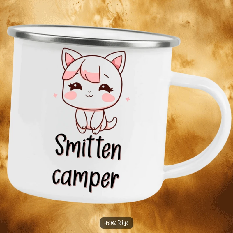 Funny Camping Mug featuring a character blushing with a shy smile, perfect for outdoor drinks and sweet moments.