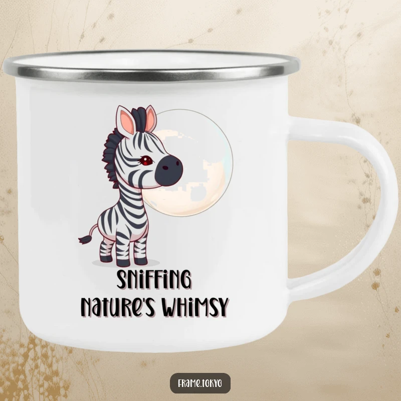 Funny zebra camping mug, curious head tilt, sniffing a giant floating bubble, for rugged and amusing outdoor experiences.