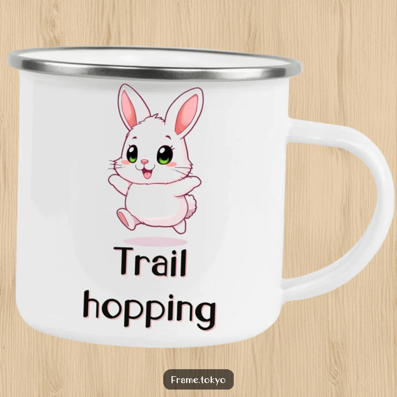 Funny Fluffy Rabbit Camping Mug with big, excited eyes, joyfully hopping, for outdoor happy humor.