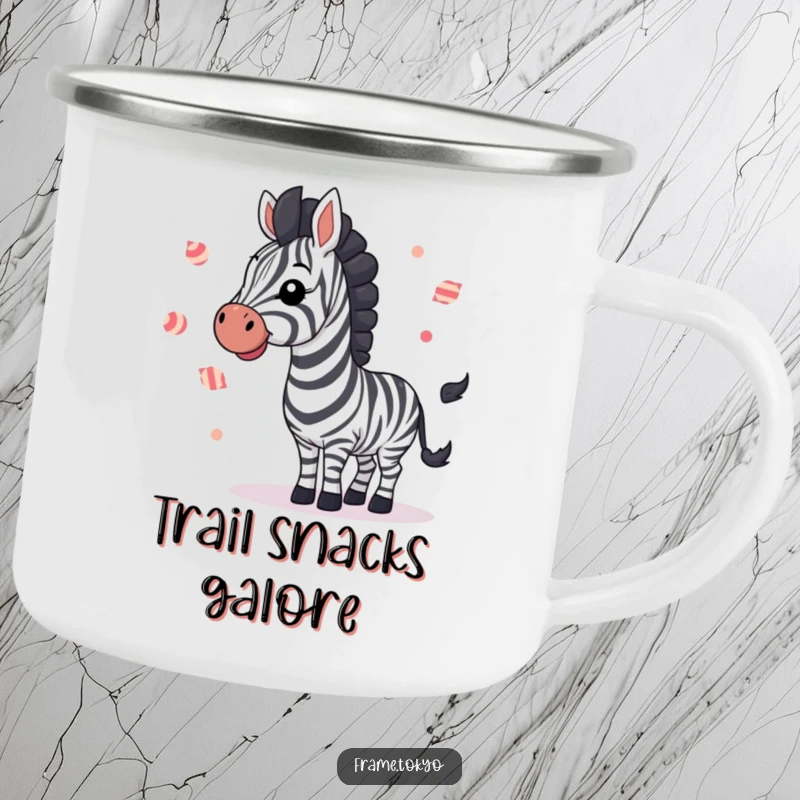 Funny zebra joyfully waving and juggling small striped candies, a hilarious and durable camping mug.