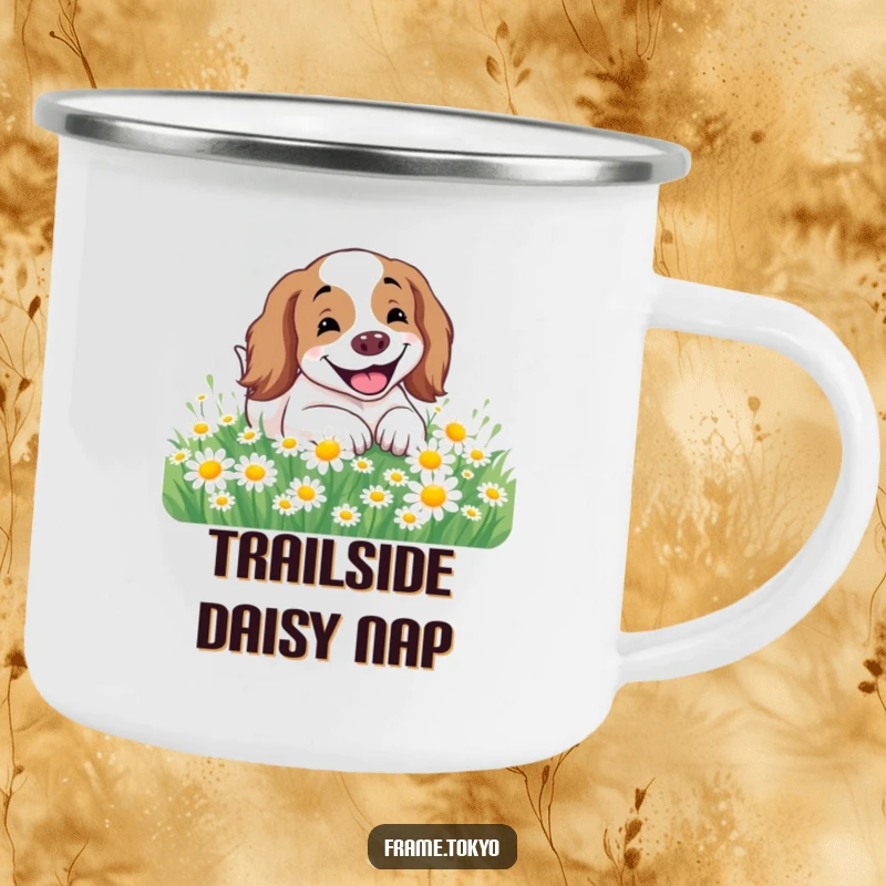 Funny Spaniel Camping Mug depicting a spaniel with a joyful smile rolling in a field covered with daisy flowers.