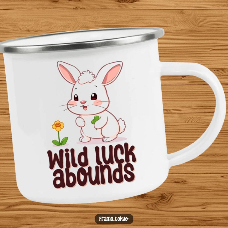 Funny camping mug featuring a rabbit with a twitching nose, playfully chasing a bouncing, colorful clover.